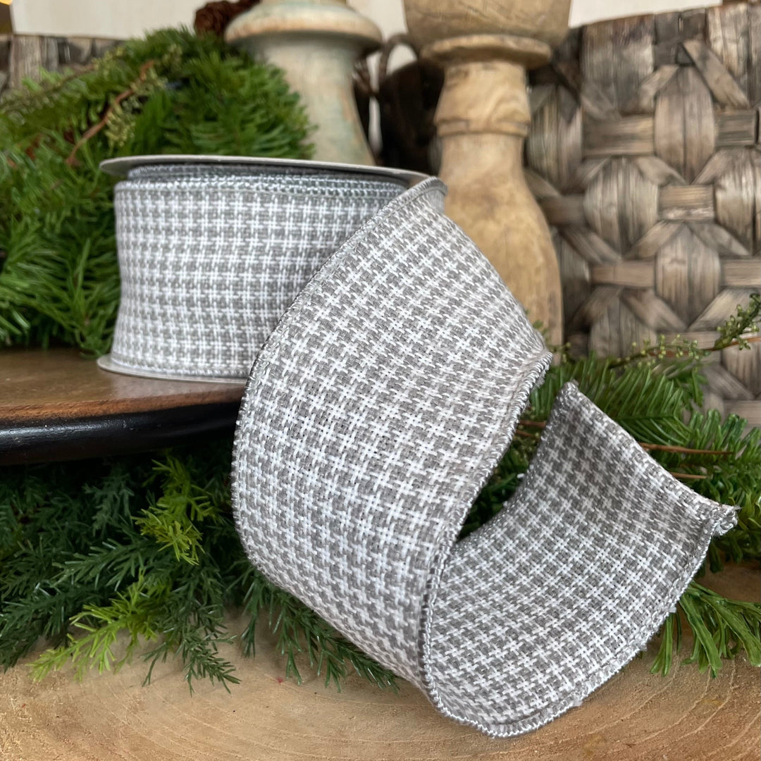 2.5" x 10 YDS Grey and White Houndstooth Stitch Weave Wired Ribbon