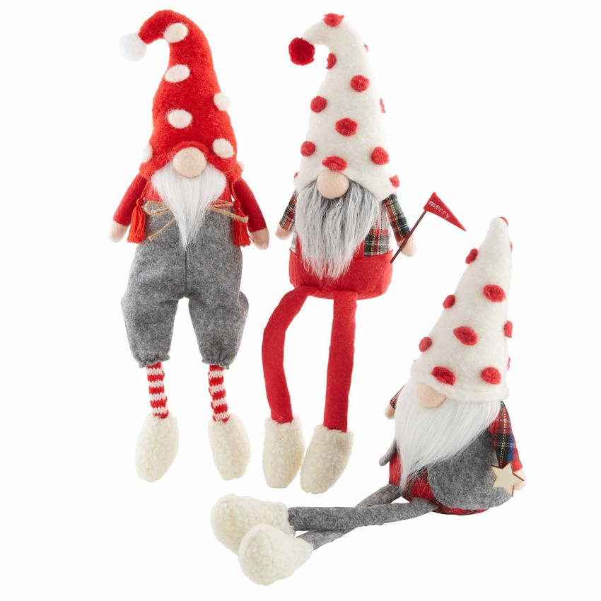 S/3 Small Polka Dot Christmas Dangle Gnomes