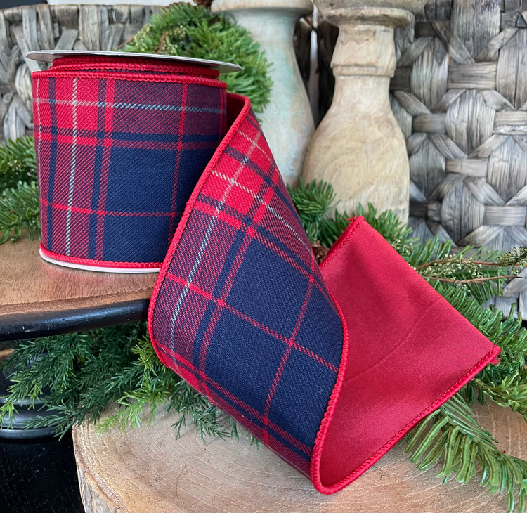 4" x 5 YDS Red Navy Plaid Check Ribbon