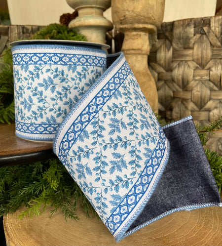 4” x 5 YDS Blue Floral Ribbon