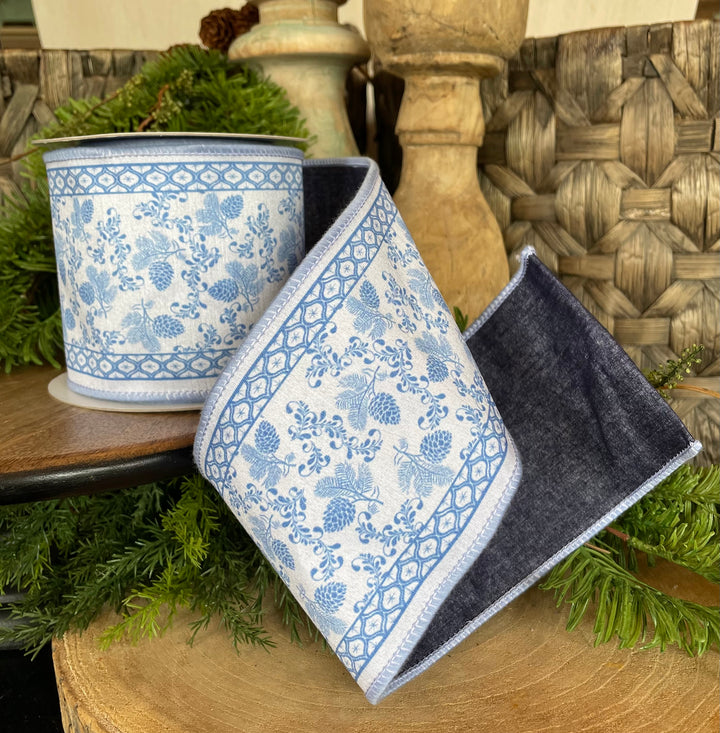 4” x 5 YDS Light Blue Floral Ribbon