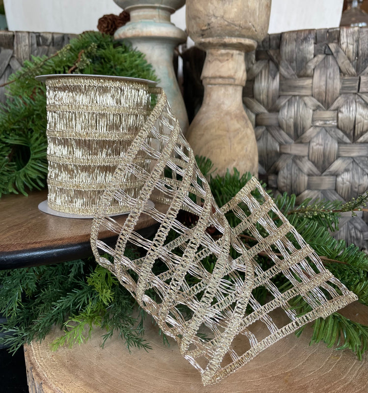 4" x 10 YDS Knitted Metallic Net Champagne Gold Ribbon