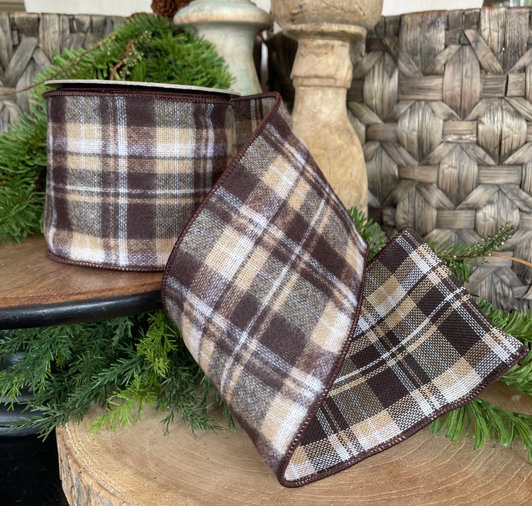 4" x 10 YDS Faux Brushed Wood Plaid Brown Ribbon
