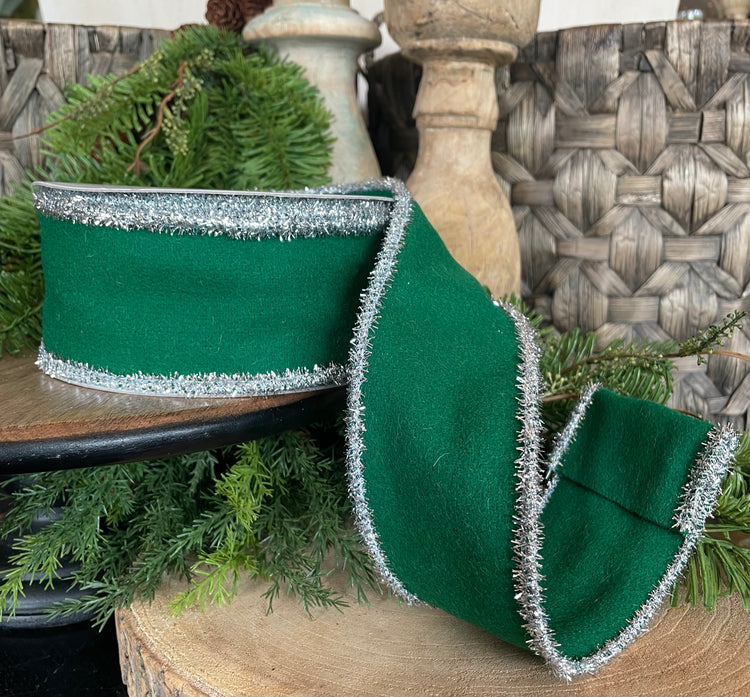 2.5" x 10 YDS Green Felt With Tinsel Trim Ribbon
