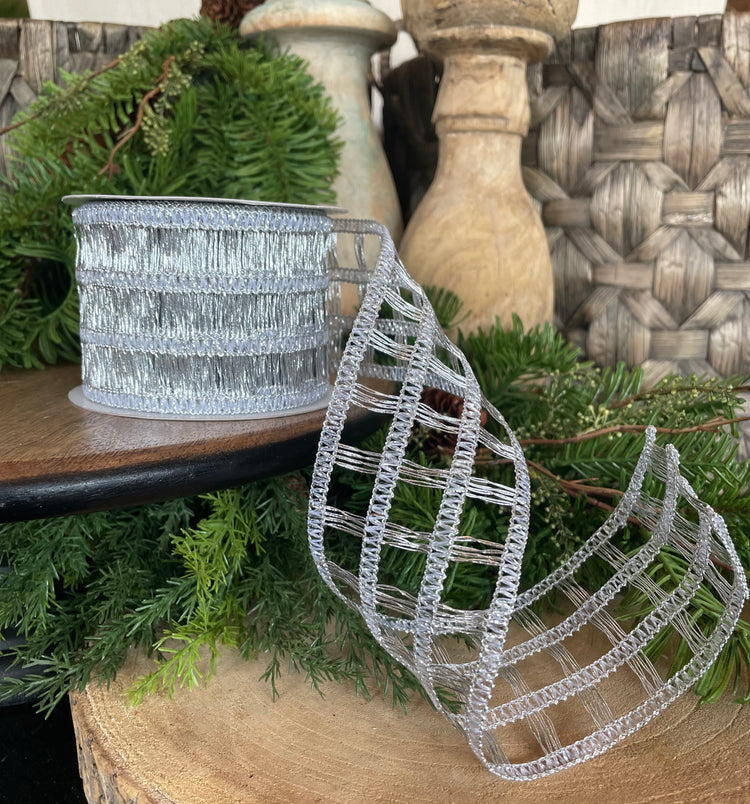 2.5" x 10 YDS Knitted Metallic Net  Silver Ribbon