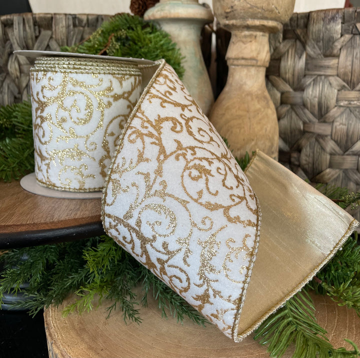 4" x 5 YDS Glitter Filigree Velvet & Metallic Gold Ribbon