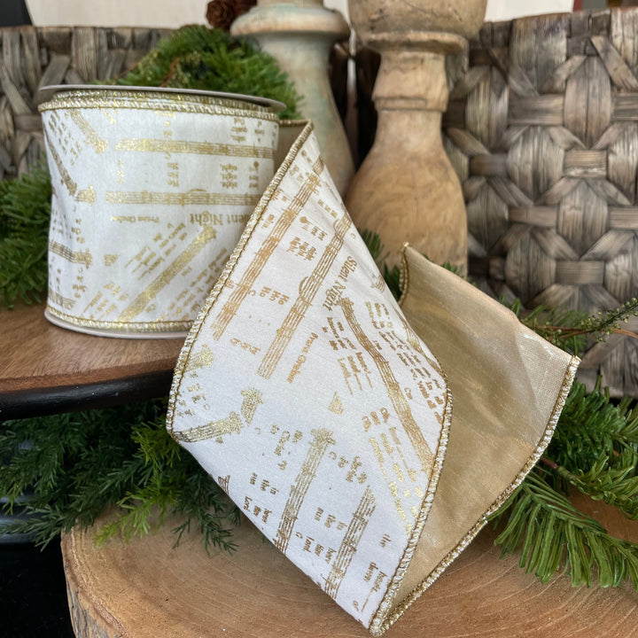 4" x 5 YDS Ivory Gold Sheet Music Ribbon