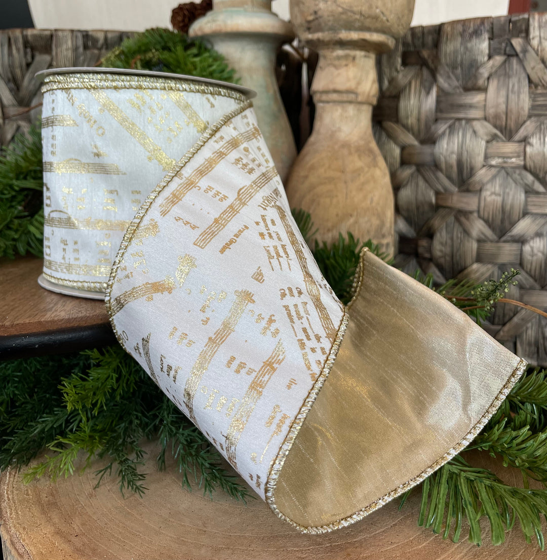 4" x 5 YDS Ivory Gold Sheet Music Ribbon