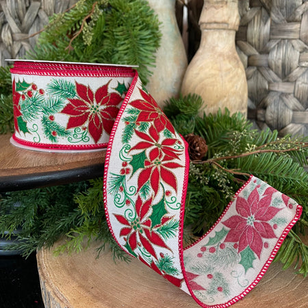 2.5" x 10 YDS Polyester Red Poinsettia Wired Ribbon