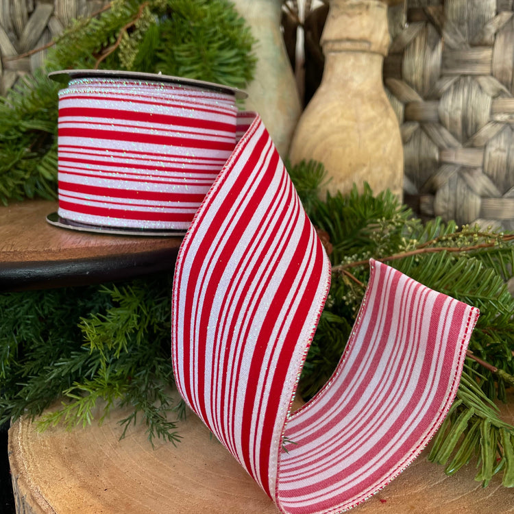 2.5" x 10 YDS Red White Stripe Linen Glitter Peppermint Ribbon