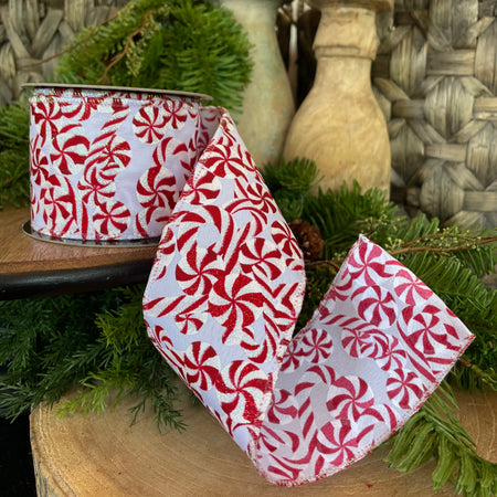 2.5" x 10 YDS Satin Glitter Red White Peppermint Candy Ribbon