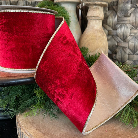 4" x 5 YDS Velvet Plush Red/Gold Ribbon