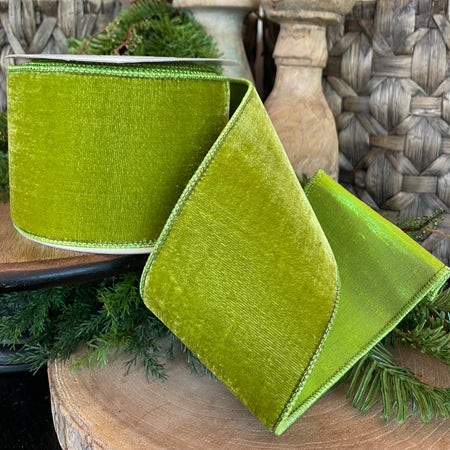 4" x 10 YDS Viscose Velvet Metallic Back Apple Green Ribbon