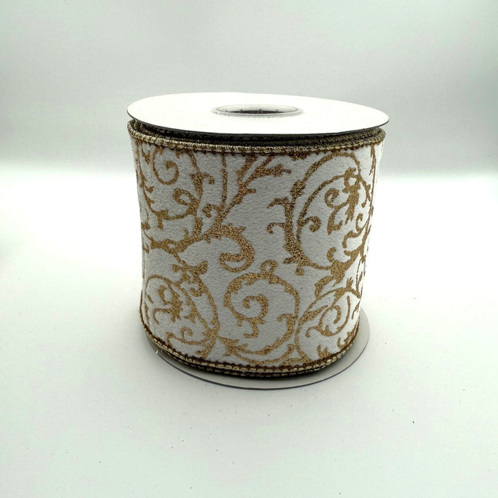 4" x 5 YDS Glitter Filigree Velvet & Metallic Gold Ribbon