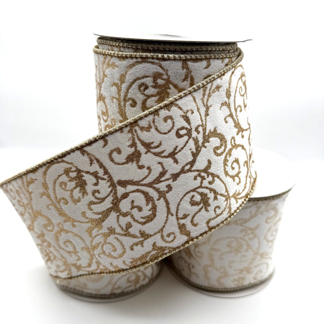 4" x 5 YDS Glitter Filigree Velvet & Metallic Gold Ribbon