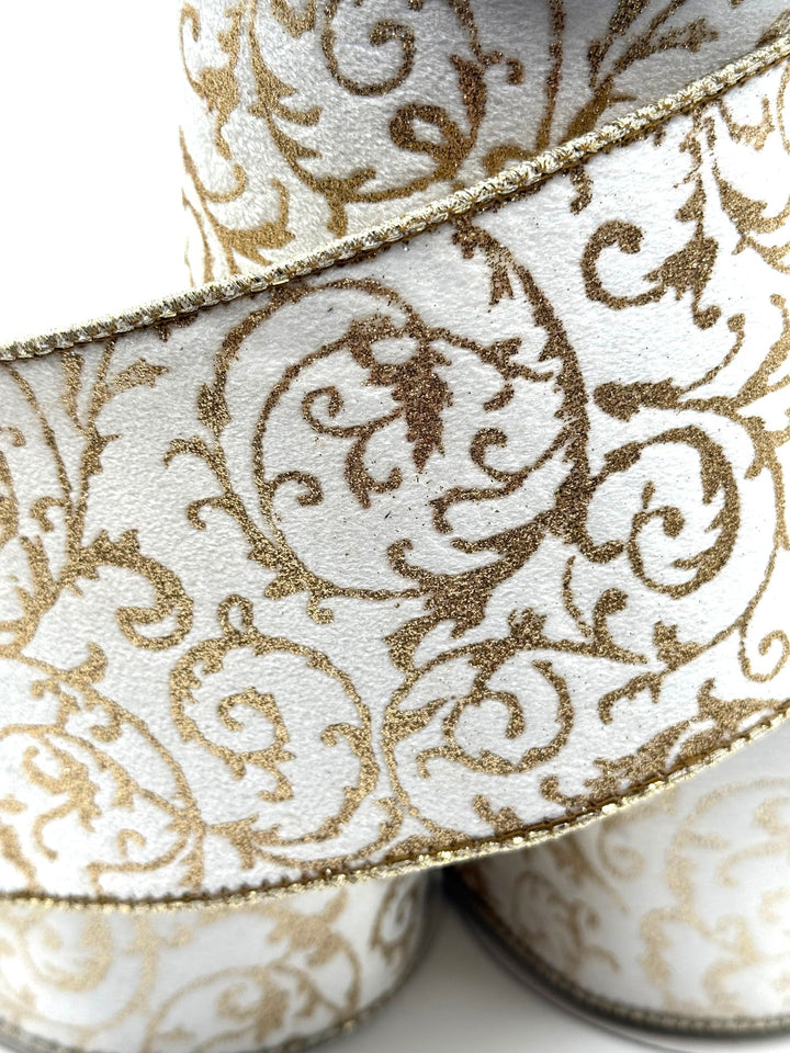 4" x 5 YDS Glitter Filigree Velvet & Metallic Gold Ribbon