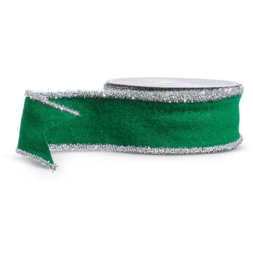 2.5" x 10 YDS Green Felt With Tinsel Trim Ribbon
