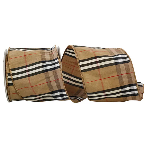 4" x 10 YDS Faux Brushed Wood Plaid Brown Ribbon