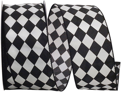 2 1/2" Black & White Diamond Print Wired Ribbon
